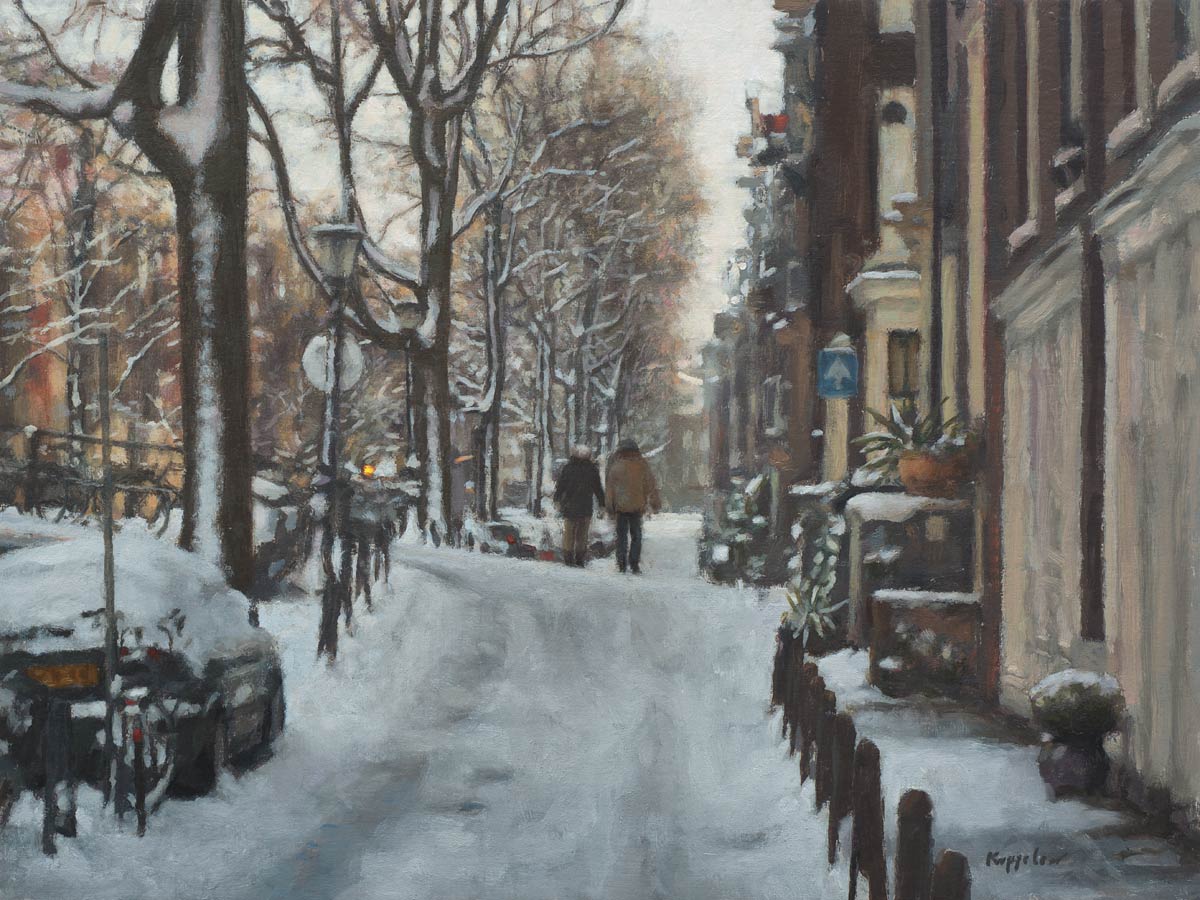 cityscape: 'Walk in Snow' acrylics and oils on linnen marouflé by Dutch painter Frans Koppelaar.
