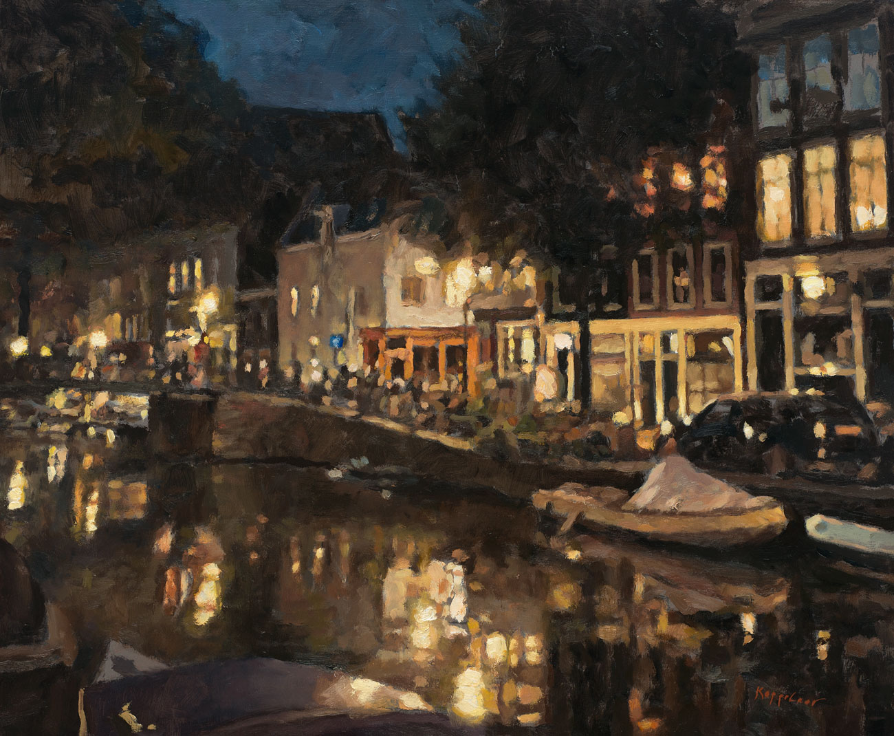 stadsgezicht: 'Egelantiersgracht bij avond' olieverf op linnen door kunstschilder Frans Koppelaar.