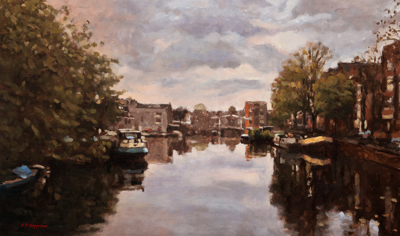 cityscape: 'Realengracht in the morning' oil on canvas by Dutch painter Frans Koppelaar.