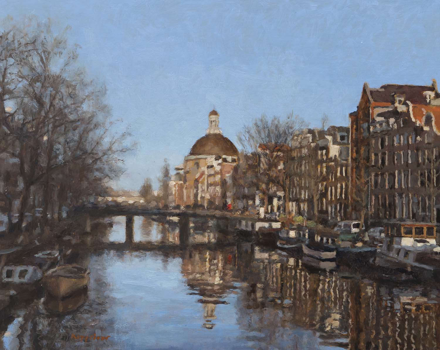 stadsgezicht: 'Het Singel' olieverf op paneel door kunstschilder Frans Koppelaar.