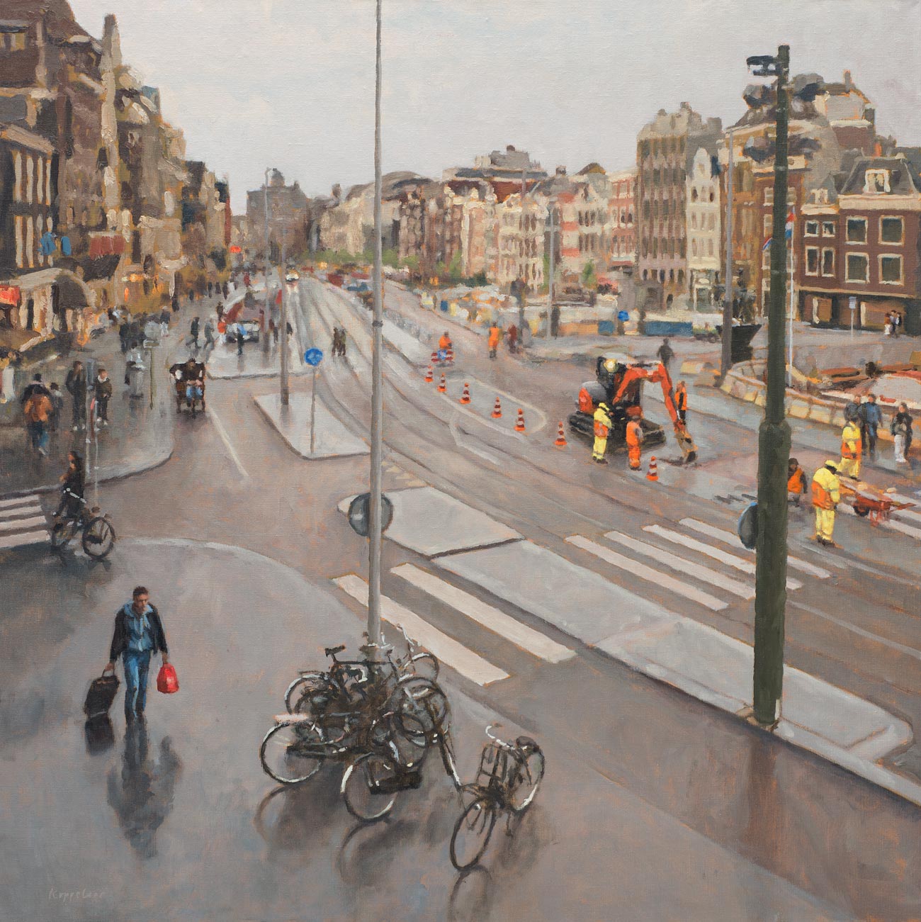 stadsgezicht: 'Straatwerkers aan het Rokin' olieverf en acryl op linnen door kunstschilder Frans Koppelaar.