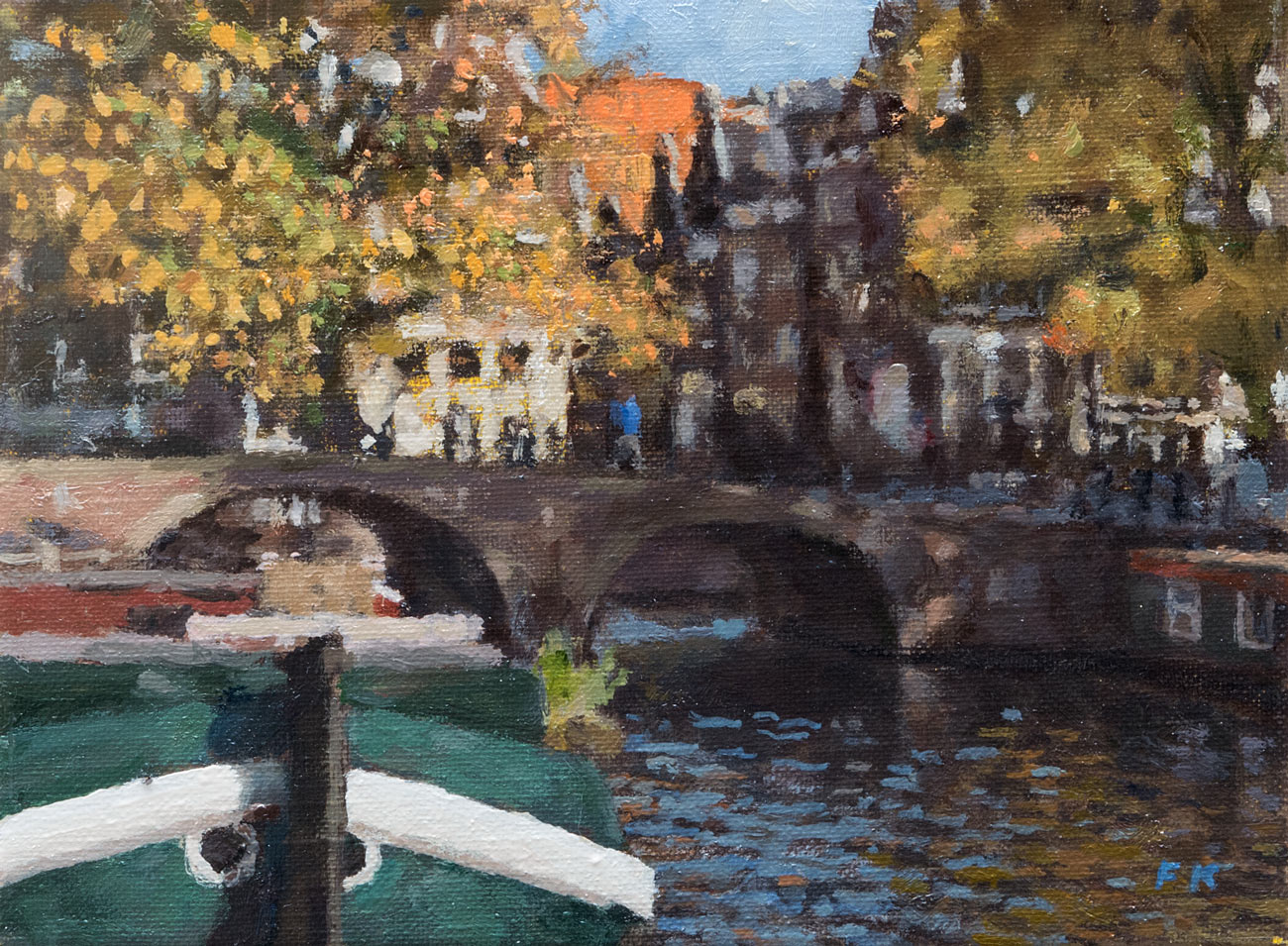 stadsgezicht: 'Kruising Keizersgracht en Brouwersgracht' olieverf op linnen door kunstschilder Frans Koppelaar.