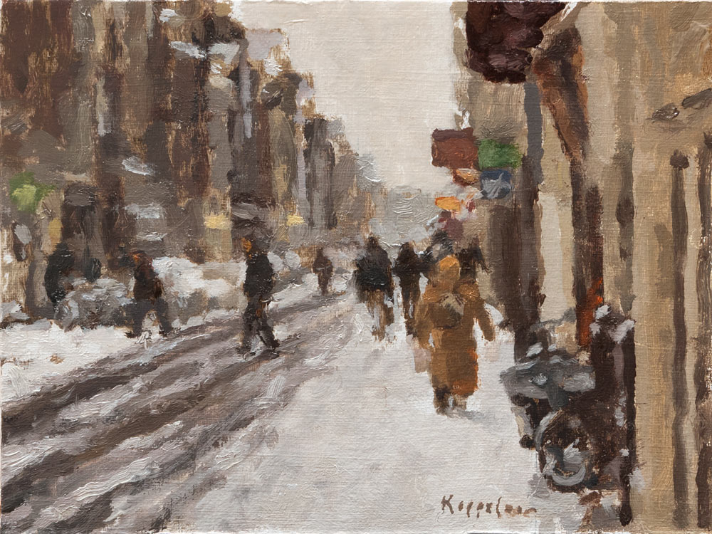 cityscape: 'Haarlemmerdijk with snow' oil on canvas by Dutch painter Frans Koppelaar.