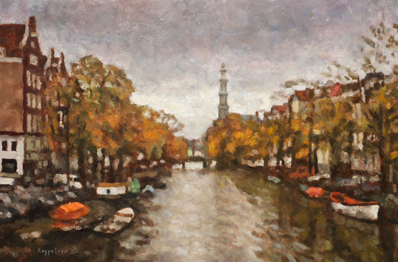 cityscape: 'Prinsengracht, autumn' oil on canvas by Dutch painter Frans Koppelaar.